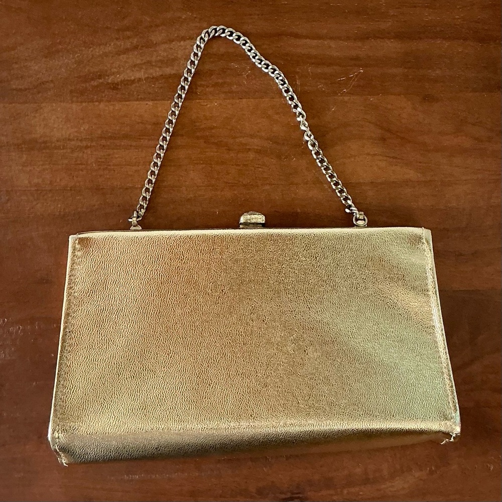 Vintage Gold Metallic Structured Evening Clutch Bag Chain Strap + Clasp Closure - Picture 5 of 13